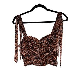 Forever 21 Boho Animal Leopard Brown Black Ruched Stretch Tie Front Crop Top